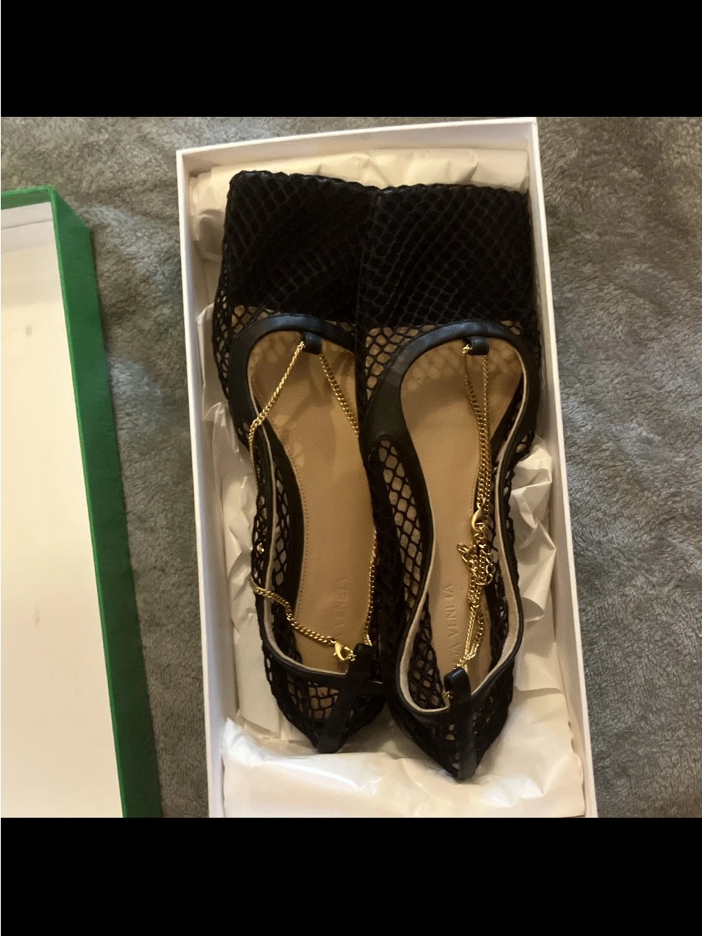 Bottega Veneta Black Mesh Pointed-Toe Flats with Gold Chain